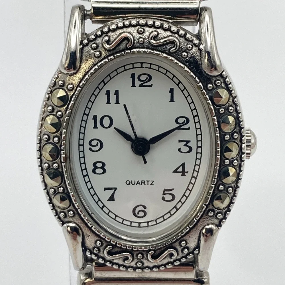 Marcasite Women's Watch Silver Tone 23mm Oval Stretch Band New Battery 6.75